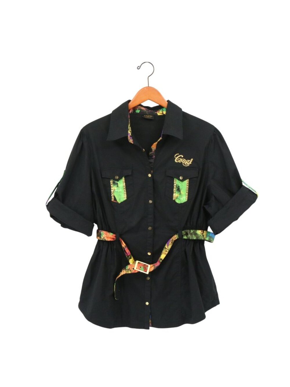 Coogi Black Snap Front Cinched Belted Waist Shirt Top 2X